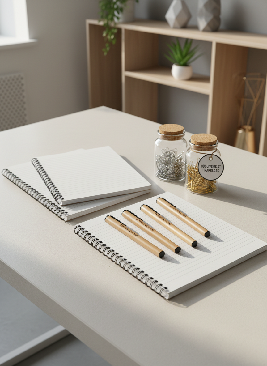 A selection of sustainable office supplies, including biodegradable pens with smooth bamboo casings, recycled paper notebooks with clean white pages, and clear glass jars filled with metallic paper clips, all arranged neatly on a modern white desk with subtle texture. The desk sits in a contemporary workspace featuring muted walls and linear shelving in the blurry background. Soft diffused sunlight falls over the scene from the left, creating gentle highlights on the bamboo and glass surfaces, and casting tidy shadows that add dimension. The image is photographed from a bird’s eye view, using balanced composition and sharp detail to convey clarity and order. With a minimalist, professional style, the image illustrates a commitment to responsible resource use and the core values of Franjina ekonomija in Croatia.