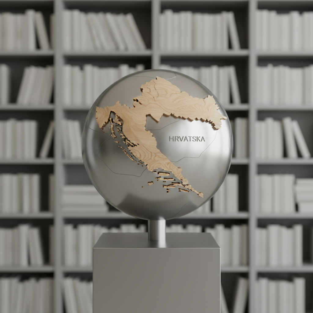 A close-up of a decorative globe shaped from sanded recycled wood and brushed stainless steel, displaying the map of Croatia in precise relief detail. The globe is centrally positioned atop a sleek matte gray pedestal, set against a backdrop of orderly vertical bookshelves filled with hardback volumes in neutral covers. Soft, indirect daylight from above highlights the contours of the country on the globe, producing subtle highlights and gentle, controlled shadows. The atmosphere is aspirational, forward-thinking, and scholarly, conveying the idea of a connected, educated world that is guided by sustainable values. The composition is centered with shallow depth of field, bringing focus to the globe while softly blurring the shelves. The image employs photographic realism, clean lines, and balanced, corporate sophistication, perfectly resonating with the vision of Franjina ekonomija Hrvatska.