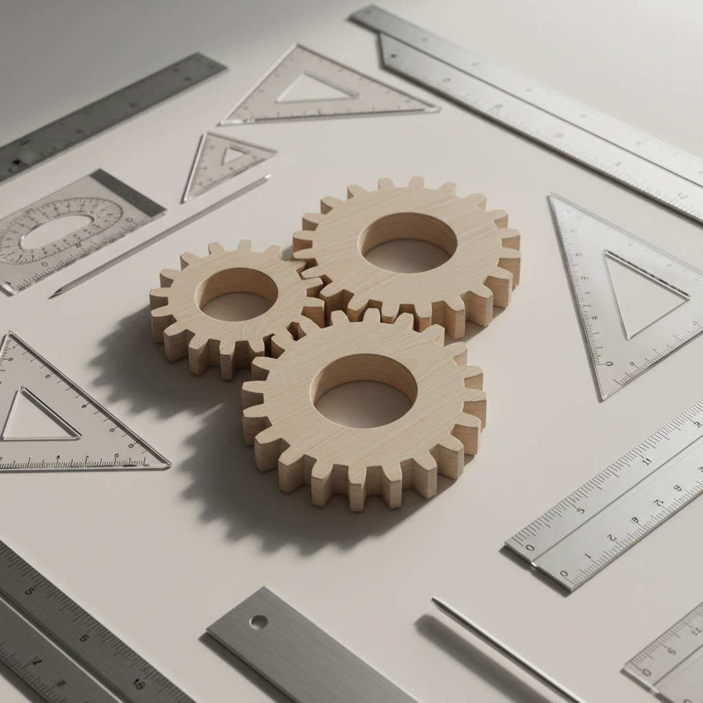 A set of three interlinked wooden gears, crafted from light-colored sustainably-sourced ash, each gear featuring finely defined teeth and a smooth matte finish. The gears rest on a pristine neutral-toned surface, surrounded by sleek metal rulers and transparent drafting tools organized with perfect spacing, emphasizing meticulous planning and cooperation. Gentle natural daylight from the right casts well-defined, but soft-edged, shadows, accentuating the interconnection of the gears without creating distractions. The mood is purposeful and professional, suggesting innovative collaboration for social good. Captured at a slightly elevated angle using the rule of thirds for visual interest, the image maintains clean lines and a photographic, modern aesthetic, supporting the message of structured teamwork and responsible progress.