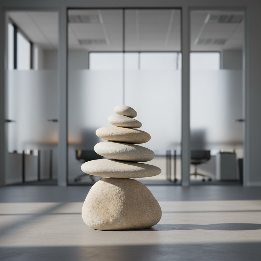 A carefully stacked arrangement of smooth, pale stone balancing rocks, each with a matte surface and varying neutral tones from beige to light gray, set on a flat, clean concrete slab. The background reveals a minimalist office with frosted glass panels and crisp geometric lines, evoking order and structure. Daylight streams in from an unseen window, illuminating the stones and casting soft, controlled shadows to one side, creating gentle highlights on the upper edges. The atmosphere feels calm, stable, and contemplative, reinforcing the idea of equilibrium and sustainability. Captured at eye level with centered composition and sharp focus throughout, the image embraces photographic realism with a clean, corporate aesthetic, symbolizing strength, harmony, and the site’s commitment to an economy that supports people and community.