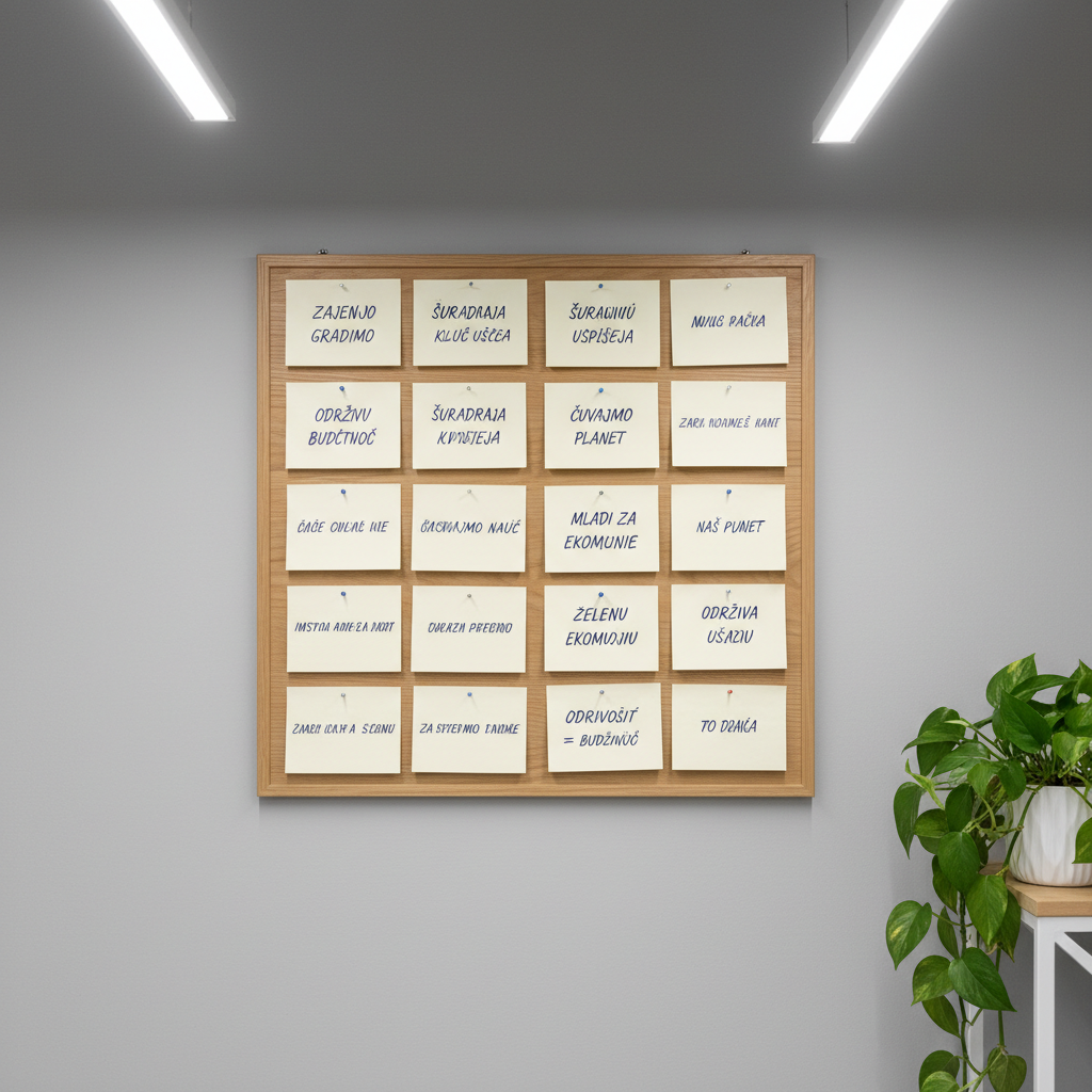 An organized community bulletin board made of light oak wood, with evenly spaced recycled paper notes pinned in a clean grid, each handwritten with inspiring Croatian phrases about sustainability and collaboration. The board is mounted against a smooth, neutral gray wall in a well-lit workshop space featuring a single leafy plant in the corner as a subtle organic accent. Overhead LED lighting bathes the entire scene in neutral white light, eliminating harsh shadows and ensuring crisp visibility of every note. The mood is collaborative, inclusive, and hopeful, aligning with the values of connection and education. Photographed straight-on with symmetrical framing and sharp focus, the image has a structured, corporate feel and modern, minimalist clarity, making it perfect for a non-profit focused on youth engagement and sustainable economic change.